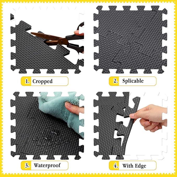 Nuanchu 60 Pcs Kids Foam Puzzle Floor Mat Bulk Solid Color Foam Play Mat with Borders Interlocking Multi Use Floor Rug for Baby Toddler Children Crawling Exercise Playroom 12 inch (Black)