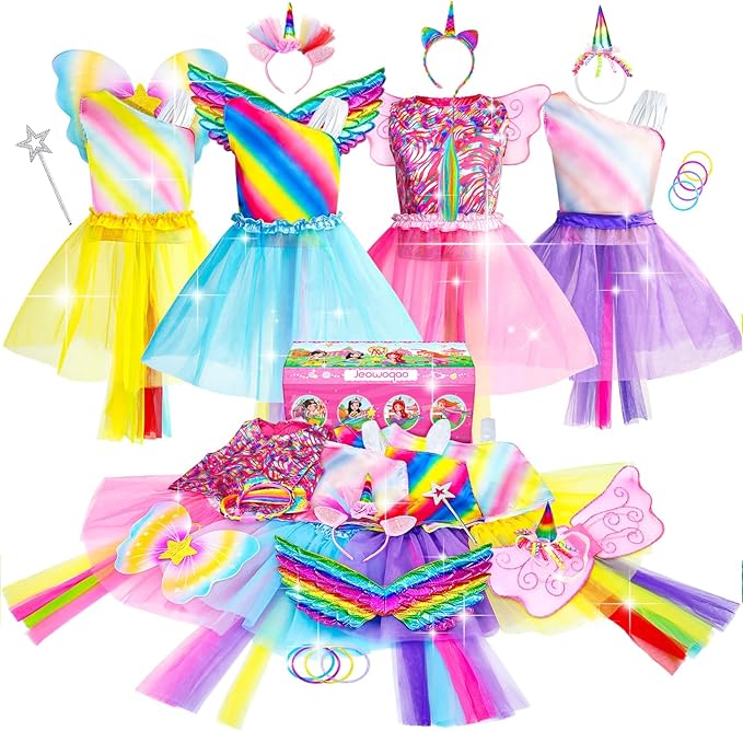 Jeowoqao Girls Unicorn Princess Dress up Trunk Set 19 Pcs, Girls Rainbow Unicorns Costume, Toddler Girls Dress up Clothes Pretend Play Costumes for Little Girl Ages 3 4 5 6