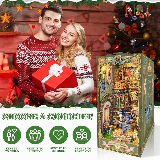 DIY Book Nook Kit, DIY Miniature Dollhouse Kit for Adults and Teens, Book Nook Bookshelf Insert Decor 3D Wooden Puzzle Bookend Miniature Kit with Sensor Light Creative Craft (Green Fairyland)