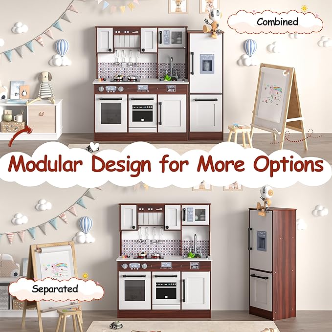 2-Piece Kids Kitchen Playset, Wooden Play Kitchen Set for Toddlers, Modular Pretend Play Kitchen w/Light&Sound Stove Oven, Large Kitchen Cooking Toy w/Refrigerator, Gift for Girls Boys
