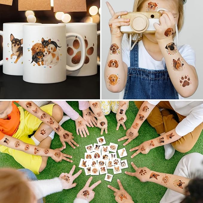 Glitter Dog Temporary Tattoos for Kids - 74 Individually Sheets | Waterproof & Easy Peel | Perfect for Kids Birthday Party Supplies, Dog Lovers, School Rewards