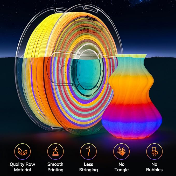 AMOLEN 3D PLA Glow in The Dark Filament 1.75mm, Glow Rainbow 10M Purple, Red, Orange, Blue, 3D Printing PLA Filament 1.75mm, Best with UV Lamps, 1KG Spool (2.2lbs), Dimensional Accuracy +/- 0.02 mm