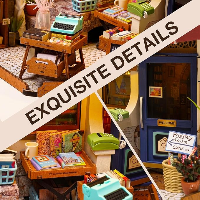 ROBOTIME DIY Miniature House Kit Mini Corner Bookstore Tiny House Making Kit with LED Wooden Craft Diorama Kit Decorative Hobby Unique Gift