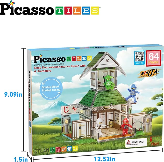 PicassoTiles Magnet Tile Building Blocks Ninja Dojo House Theme STEM Playset with 4 Character Action Figure Ninjas Weapon Accessories Magnetic Tiles Educational Toy Pretend Play Toddlers Ages 3+ PTQ07