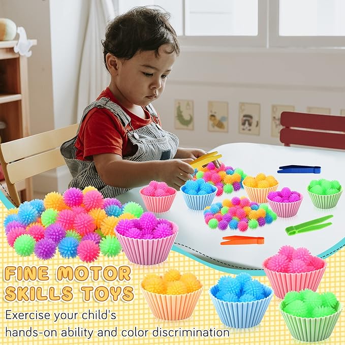 91 Pcs Fine Motor Skill Toys Include 75 Spiky Hedge Balls, 2 Scissors Clips, 4 Plastic Tweezers, 10 Assorted Colors Sorting Silicone Cups for Early Education Counting Skill Training