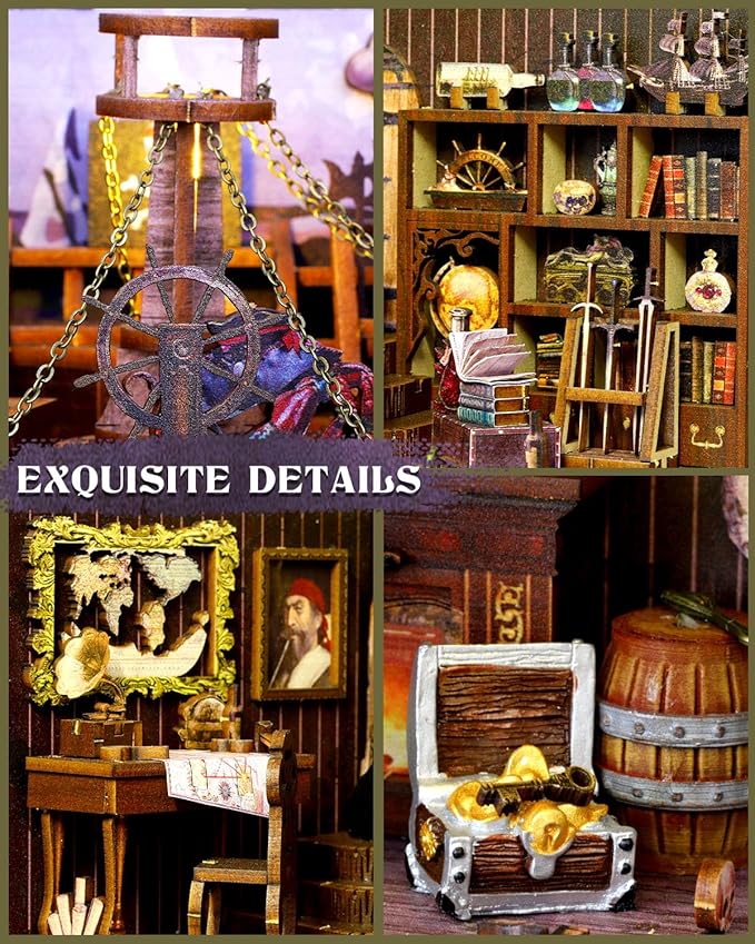 Book Nook Kit Pirate Ship Aden, DIY Miniature Book Nook Kits for Adults, 3D Wooden Puzzle Bookshelf Insert Decor with Sensor LED Lights, for Men Teens Family