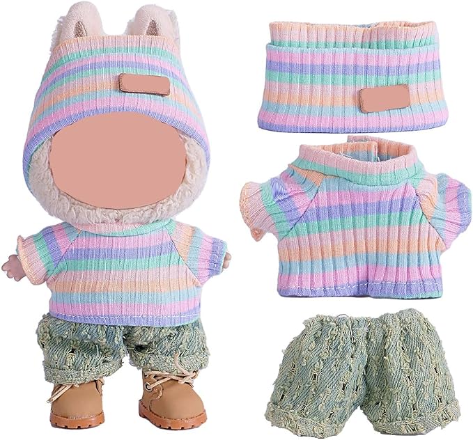 Clothes for 17cm Doll (NO Doll),Adorable Outfit ,Handcrafted Clothes Set for Dress Up ,Ropa Accessories Hat + Sweater + Pants (Rainbow + Cyan)