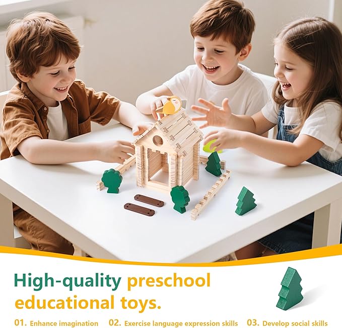 168 Pcs Wooden Blocks Toys with Grass and Small Animals,Classic Old Fashioned Toys,Wooden Building Blocks for Kids Ages 3-9 Boys and Girls