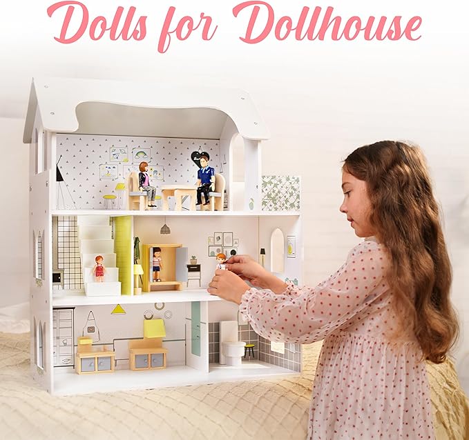 TOMLEON Family Dollhouse People - Doll House People Figures - 5 Poseable Action Figures Incl. Mom, Dad, Sister, Brother, Toddler - Small Dolls for Dollhouse - Dollhouse Dolls (Family)