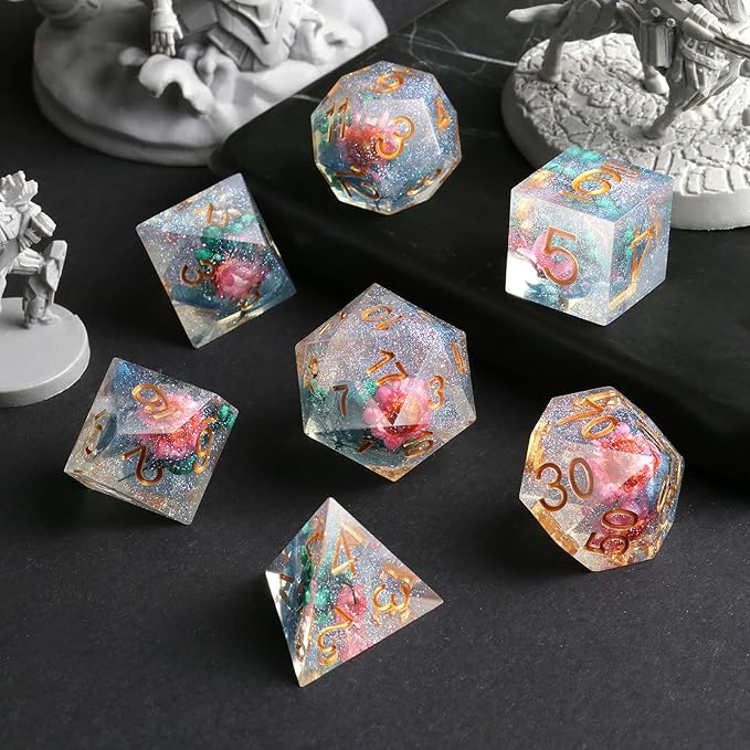 Flower Resin DND Dice, DNDND Handmade Sharp Edge D&D Die with Gift Case for D&D Dungeons and Dragon Tabletop Games (Matt Pink)