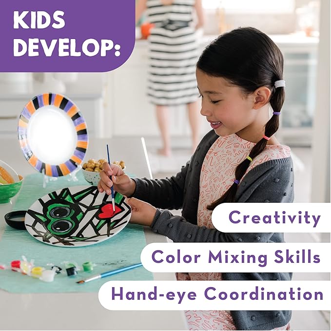 MindWare Paint Your Own Porcelain Plates - Kit Includes 2 Porcelain Plates, 12 Paints, 2 Paint Brushes, and 2 Stands