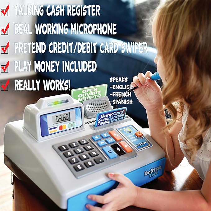 Dr. STEM Toys | Talking Toy Cash Register | STEM Learning 69 Piece Pretend Store with 3 Languages, Paging Microphone, Credit Card, Bank Card, Play Money and Banking for Kids (Silver)
