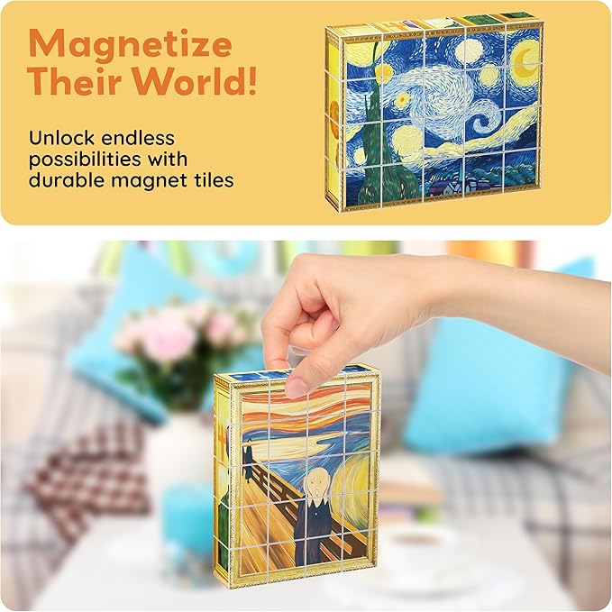 PicassoTiles 20pcs 1” Magnetic Puzzle Building Cubes Blocks for Kids, Van Gogh, Mona Lisa Hand Puzzle, STEM Magnet Toy Mix&Match Educational Popular Art Kids Toys 3+ Year Old boy Girl PMC20