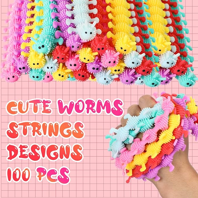 Chivao 100 Pack Bulk Stretchy String Fidget Toys Animal Sensory Toys for Kids and Adults Colorful Fidget Worm Stress Anxiety Relieve Party Favors Goodie Bag Fillers Birthday Gifts (Worm Style)