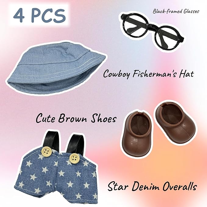 17cm Doll Clothes, Outfits Set for 17cm Doll, 4 Piece Set Glasses Hat Shoes Overalls, Stylish Adorable Dolls Clothes Accessories (No Doll)