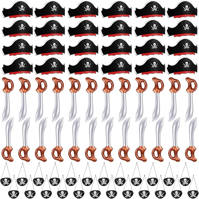 Legigo 72 Pcs Pirate Party Set- Include 24 Pirate Hats, 24 Eye Patches, 24 Inflatable Swords Pirate Accessory for Caribbean Fancy Dress Cosplay Themed Party Stage Prop