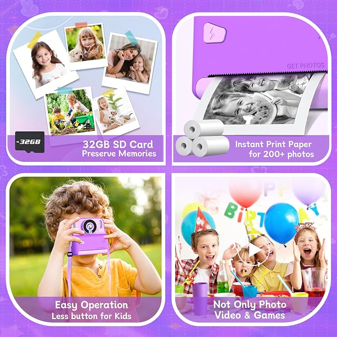 Kids Instant Print Camera, 1080P Digital with 32GB Card, Portable with Lanyard, for 3-8 Year Old Girls & Boys