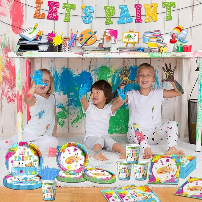 Paint Party Supplies, 142 Pcs Art Paint Party Tableware Set Include Paint Party Plates and Napkins,Art Tablecloths,Paint Banner,Cups,Art Birthday Party Decorations for Kid, Teens and Adults,Serves 20