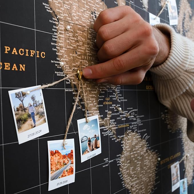 Canvas World Map with Cork Pin Board - English Lettering - Decorative Wall Decoration for All Rooms - Canvas Pictures with World Map Motif (90x60 cm, Pattern 6)