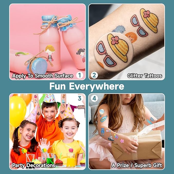 EMOME 204 Sheets Glitter Tattoos for Kids, Individually Wrapped Kids Temporary Tattoos for Girls and Boys, Fake Tattoo Stickers for Birthday Party Favors Supplies, Halloween Goodie Bag Stuffers