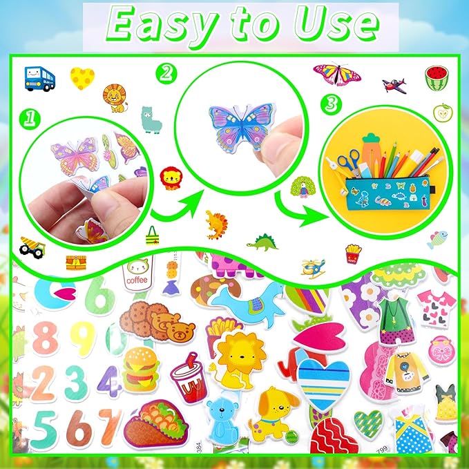 36 Sheets Mixed Stickers for Kids - 900+ 3D Puffy Stickers Variety Pack | Animals, Vehicles, Food, Letters, Dinosaurs | Reusable, Waterproof | Crafts, Scrapbooking, Gifts