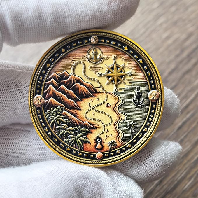 Pirate Challenge Coin – Adventure-Themed Zinc Alloy Coin with Treasure Map Design – 1.57 Inch Collectible Coin with Skull and Cross Swords ﻿ ﻿ ﻿