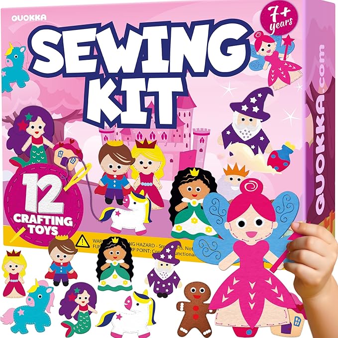 QUOKKA Kids Crafts Ages 7-8, DIY Beginner Needle and Thread Kit - 12 Fairy Tale Sewing Kit Basic - Fun Arts Crafts for Kids Ages 6-8 Girls Boys - Plastic Needles, Scissors - 7+ Year Old Girl Gifts