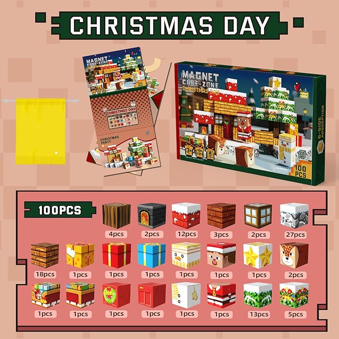 Christmas Magnetic Blocks 100 Pieces for Kids, Magnetic Tiles 3D Sensory Construction Building Santa Claus Reindeer, Magnet Cubes Stacking Toys Games for Toddlers Boys Girls Ages 3+