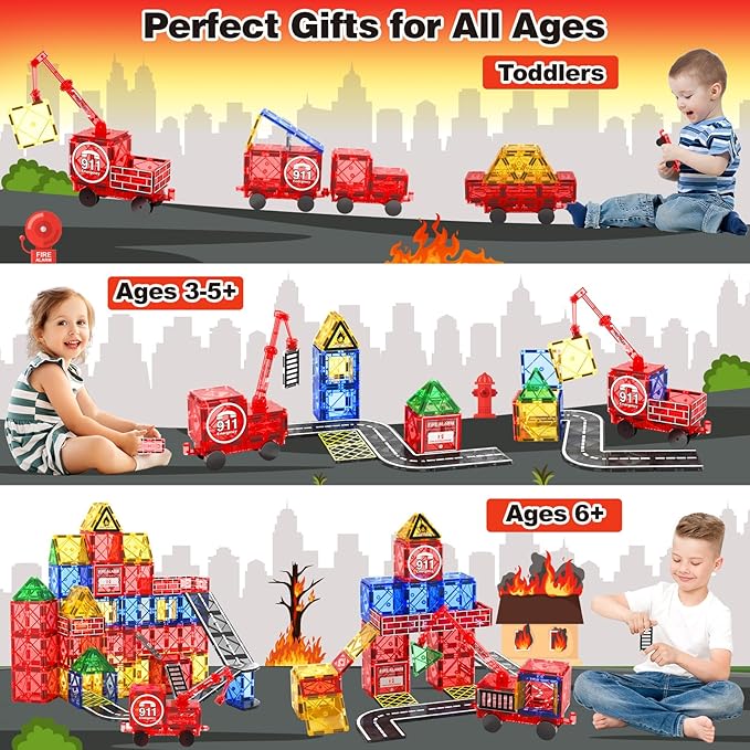 Magnetic Tiles Road Set with Magnetic Crane Edition, Magnet Building City Fire Kids Car Toys for 3 4 5 6 7 Years Old Boys Girls, Magworld Kids Games Construction STEM Toys for Boys Gifts