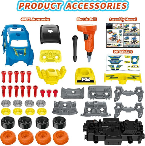 3-in-1 Construction Car for Boys Ages 3+ Years Old, Take Apart Car with Electric Drill, 46 Pcs Cars Building Kit, Build Your Own Toy Cars with Tools, Ideal STEM Present for Kids Children(Blue)