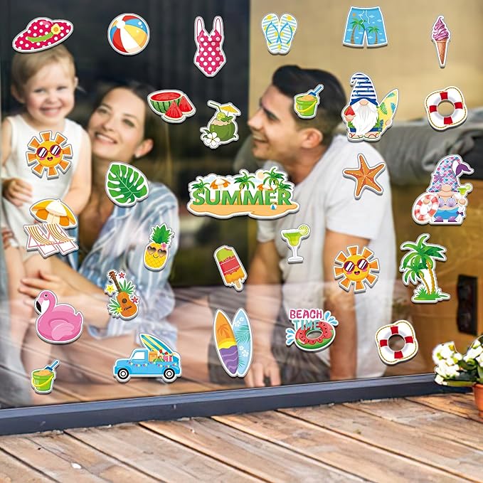 MARFOREVER 50 PCS Summer Window Thick Gel Clings Stickers Reusable Hawaiian Tropic Window Clings Decals for Classroom Nursery Home Summer Beach Pool Party Supplies Decorations