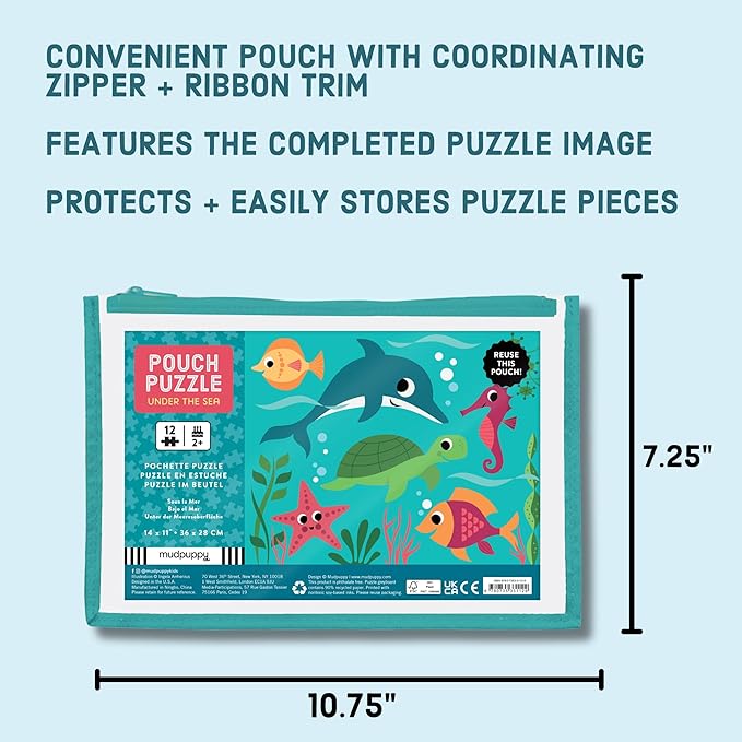Mudpuppy Under the Sea – 12 Piece Puzzle with Reusable Zipper Pouch Featuring Colorful and Fun Illustrations of Ocean Creatures Perfect for Easy Storage and Travel