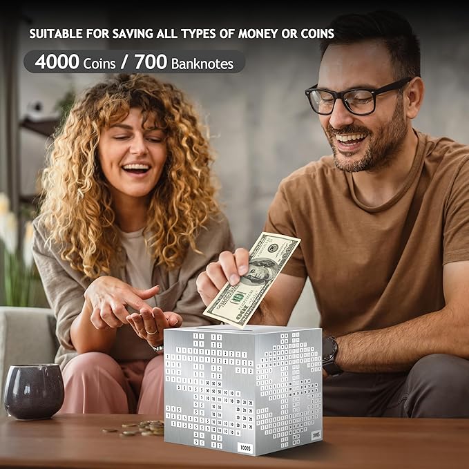 Primo Lines Piggy Bank for Adults, Stainless Steel Money Box, Unbreakable Piggy Bank Metal Cash Box, 10k Savings Challenge Box, 4.72 inch Money Saving Box with Counting Stickers for Savings Goal