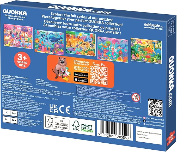 QUOKKA Puzzles for Kids Ages 4-6 – 60 Piece Jigsaw Puzzles for Toddlers Ages 3-5 with Ocean Animals – Quiet Time Toys for Preschoolers 2-4 – FSC Certified Educational Learning Game for Boys and Girls