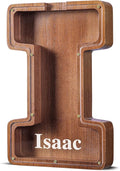Summidate Customized Name Large Wooden Piggy Bank for Kids Boys Girls Alphabets Letter A-Z Coins Bills Money Change Bank Box Initial on Clear Cover (Laser Engraved) (Alphabet-I, Personalized-12)