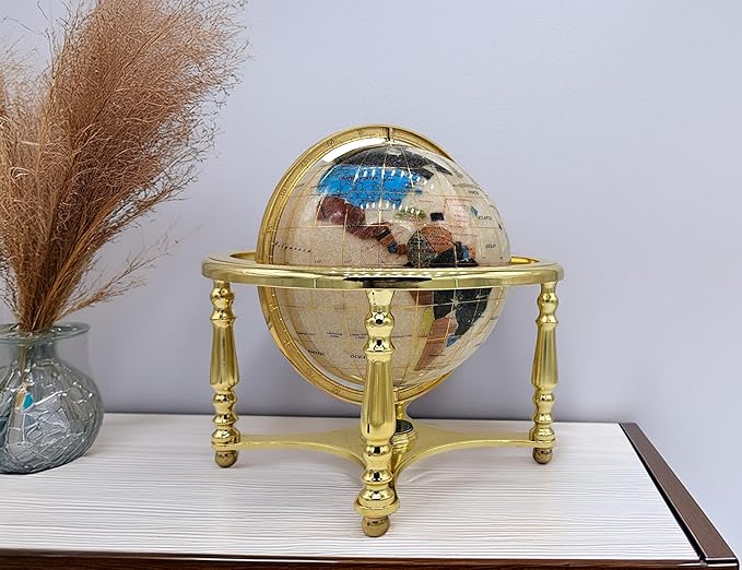 Unique Art 13" Tall 9" Diameter Pearl White Ocean Desktop 4-Leg Gold Stand Gemstone Globe
