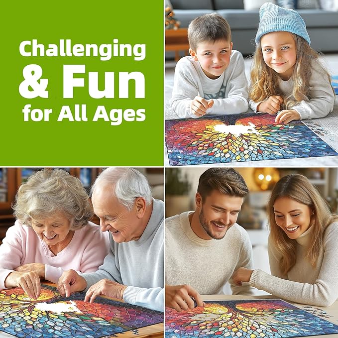 Puzzles for Adults 1000 Pieces Stained Glass Tree of Life Puzzle for Adults Colorful Mosaic Jigsaw Puzzles 1000 Pieces with Letters on Back Hard Impossible Difficult Challenging Family Puzzle