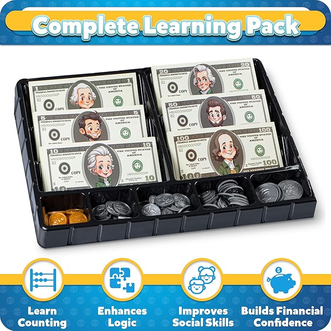 Play Money for Teaching, Pretend Money for Kids Cash Register, Fake Money Toy, Homeschool Supplies Essentials Organization, Math Manipulatives