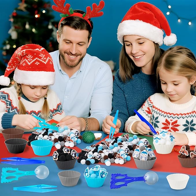 EZdhuawuse Winter Animals Sensory Bin Fillers - 267Pcs Winter Fine Motor Toys Colorful Counting Sorting Toys for Kids, Felt Polar Bear Sea Lion Pom Poms Cup Clip for Preschool Education Activities