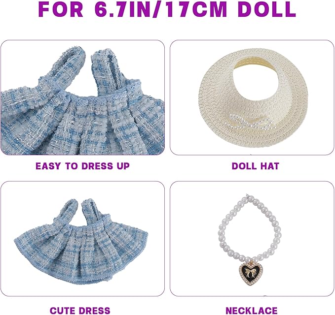 17cm Doll Clothes Set 3-Piece Doll Clothing Set with Blue Dress Necklace Accessories for 17cm Plush Dolls, Clothes Only, No Doll Included
