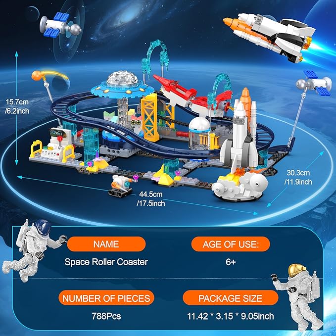 2 in 1 Space Roller Coaster Building Set for Kids 6+, 788PCS STEM Astronaut & Spaceship Toy, Creative Space Station Construction Kit, Birthday for Boys Girls Ages 6-12