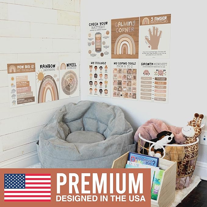 Hadley Designs 9 Calming Corner Posters For Classroom Must Haves For Teachers - 11x14 Calm Down Corner Supplies, Feelings Chart For Kids Ages 4-8, Feelings Wheel Poster, Boho Classroom Decor