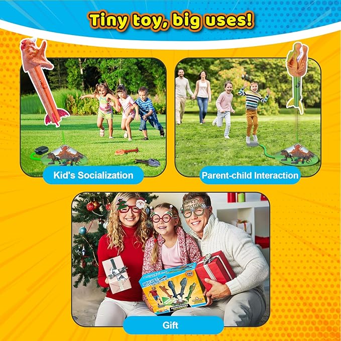 Dinosaur Rocket Launcher for Kids, 4 Rockets with Launcher Pad, Launch Up to 100 Ft, Dinosaur Toys for Kids, Outdoor Toys, Birthday Gifts for 3 4 5 6 7 Year Old Boys Girls