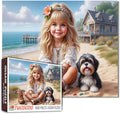 Tucocoo 1000 Piece Jigsaw Puzzle for Adults, Cute Girl and Puppy, Beach Cottage, Coastal Ocean Summer Puzzle, Family Games Art Puzzles, Cute Dog Jigsaw for Women, DIY Puzzle Wall Art Decor Gifts