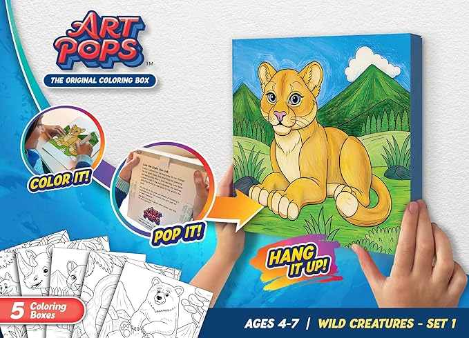 ArtPops Coloring Boxes – Pop-Up Pre-Printed Coloring Box Set – DIY Wall Art Kit for Kids – Eco-Friendly, Easy to Hang, No Frame Needed – 5-Pack, Wild Creatures