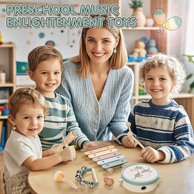 Baby Musical Instruments for Toddlers 1-3, Montessori Wooden Toys for 1 Year Old, Xylophone Maracas Percussion Set with Storage Bag, Learning Toys for Boys Girls Age 2-4, Christmas Birthday Gift