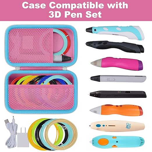 co2CREA Storage Organizer Case for 3D Printing Pen Set, Hard Case Compatible with SCRIB3D P1/Advanced, MYNT3D Super/Advanced, 3Doodler Start+/Flow/PRO and Filament Refill（Pink Case + White Zipper）