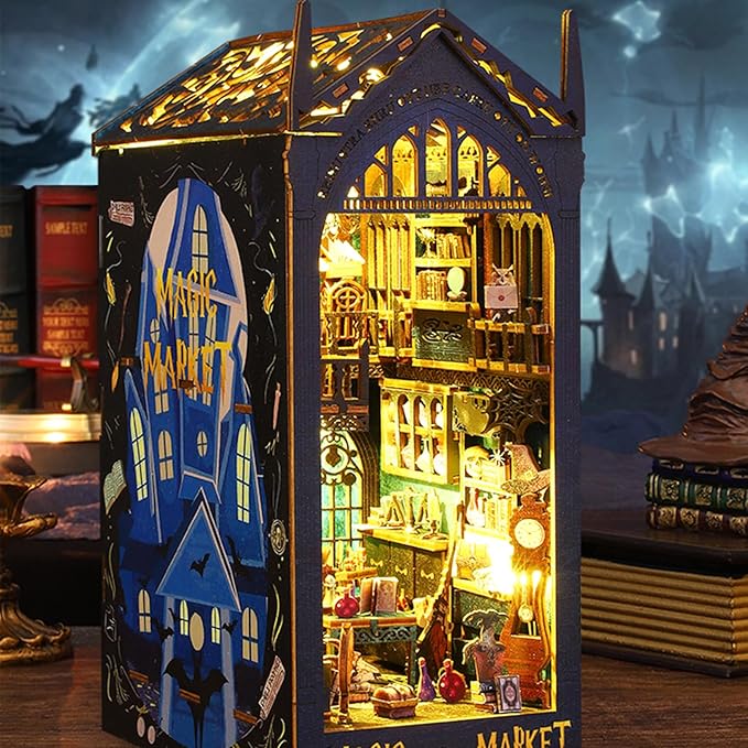 ISSEVE DIY Book Nook Miniature Kits for Adults, 3D Wooden Puzzle Dollhouse Miniature House Kit for Booknook Shelf Insert Decor, Creative Assembled Bookends Bookshelf with Sensor Light (Magic Market)