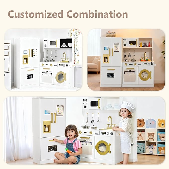 Kinder King Wooden Kids Play Kitchen, Toy Kitchen Playset for Toddler, Play Kitchen Set w/Transparent Coloring Board, Pretend Fridge, Washing Machine, Ice Maker, Gift for Boys Girls Age 3+, White
