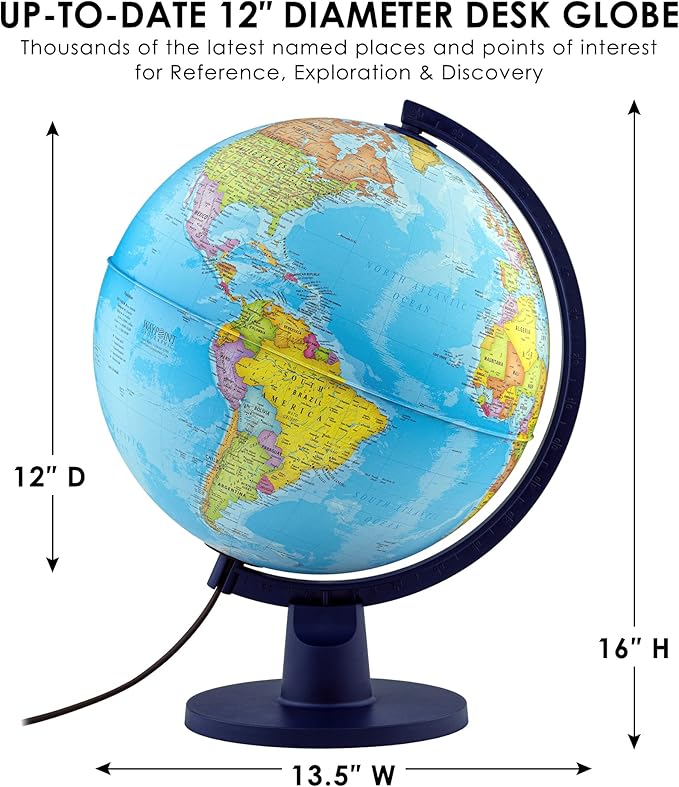 Waypoint Geographic Scout Illuminated Decorative Classroom Globe with Stand, Interactive World Globe with Political Mapping, Blue